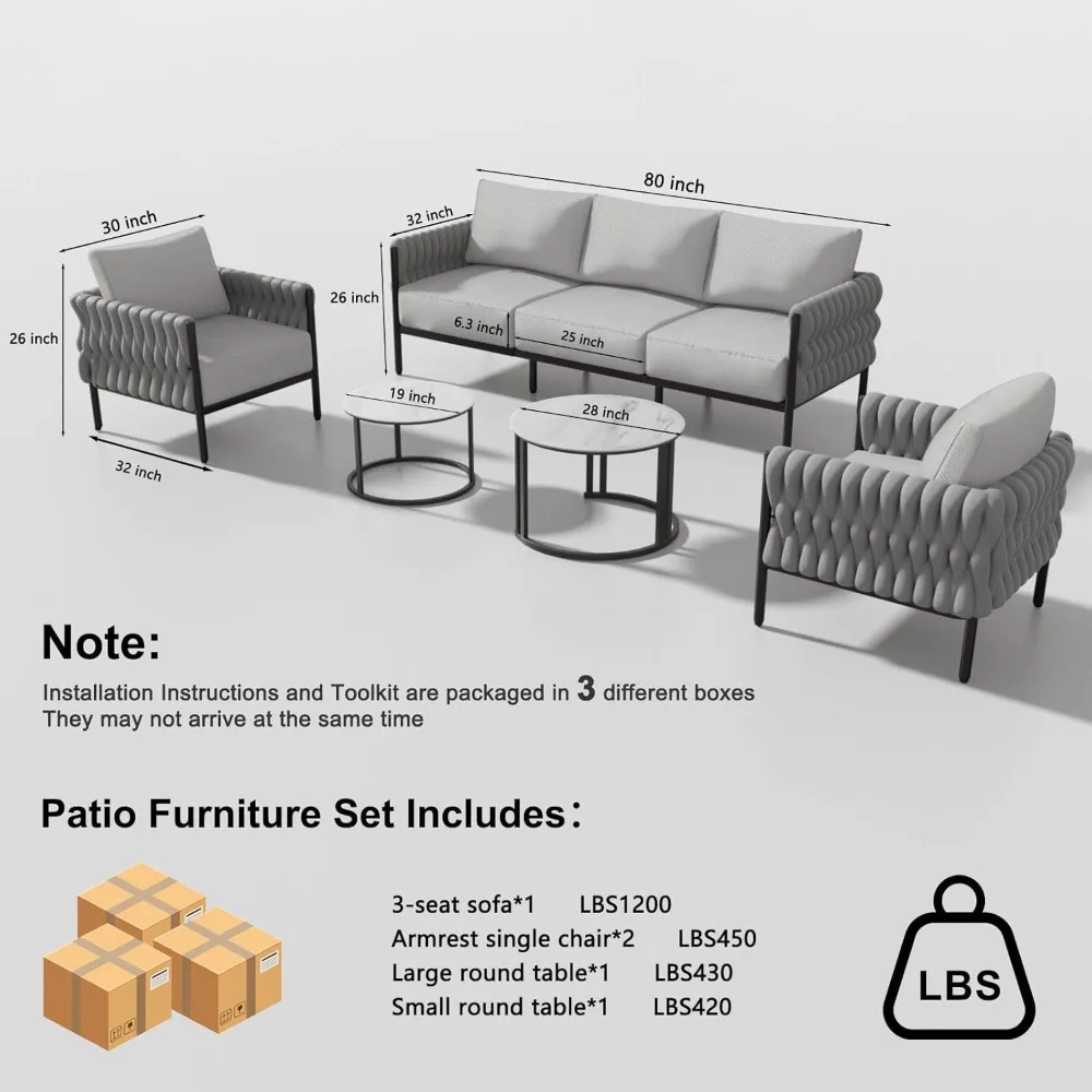 5-Piece Modern Metal Patio Furniture Set - Rope-Woven Outdoor Deep-Seat Conversation Sofa with 6.3