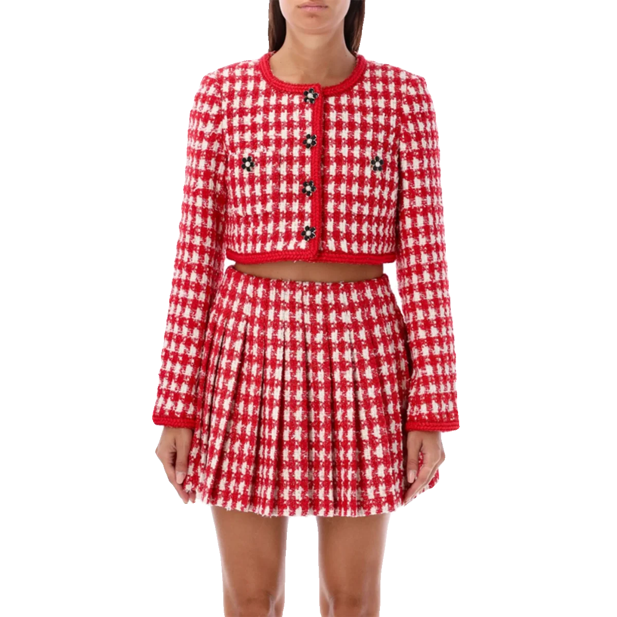 

Runway Designer Two Piece Set for Women 2023 Cute O-neck Red Plaid Wool Blend Tweed Jacket and Mini Pleated Skirt Women's Set