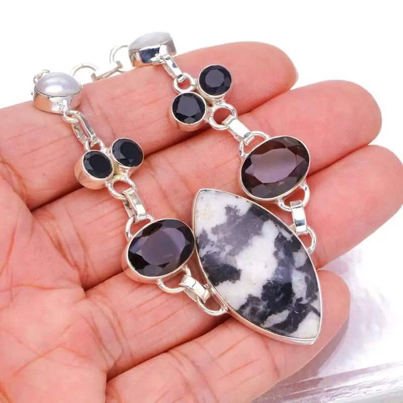 

StarGems Natural Pinolith Jasper&Black Onyx,Smoky Quartz And River Pearl Handmade 925 Sterling Silver Bracelet 7-7 3/4" F6805