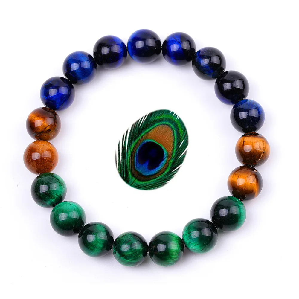 

Charm Natural Yellow Blue Green Tiger Eye Stone Beads Bracelet for Men Women Peacock feathers style Jewelry Wholesale homme bulk