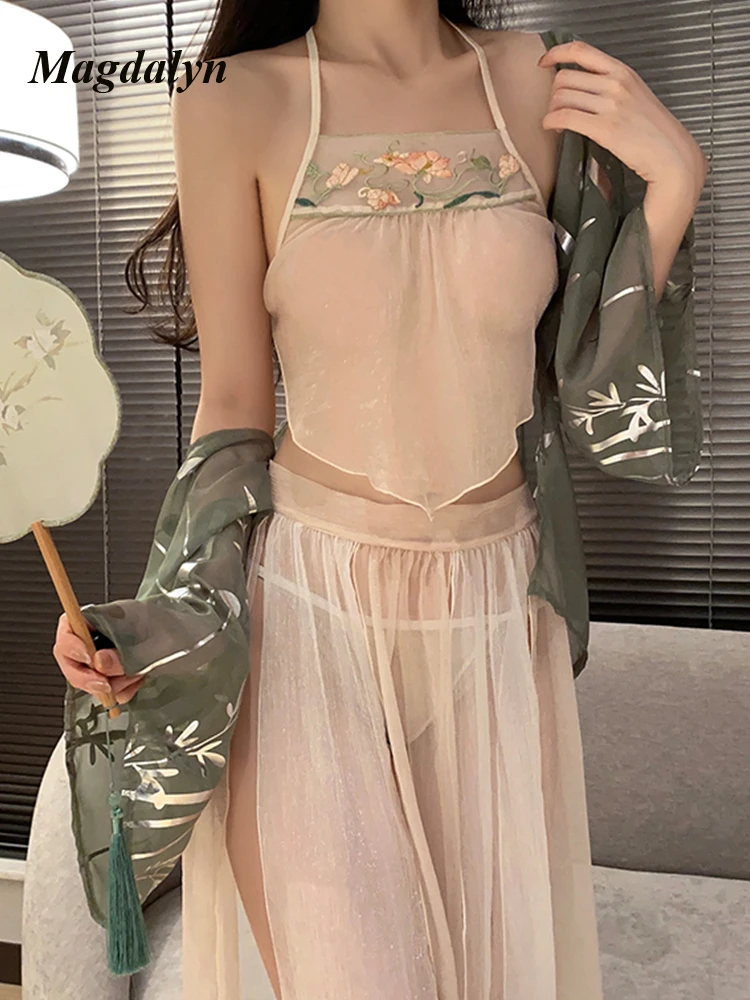 

Magdalyn женский винтажный Экзотический костюм с юбкой ханьфу сексуальная одежда для сна интимный костюм для косплея модный прозрачный пижамный комплект из 3 предметов