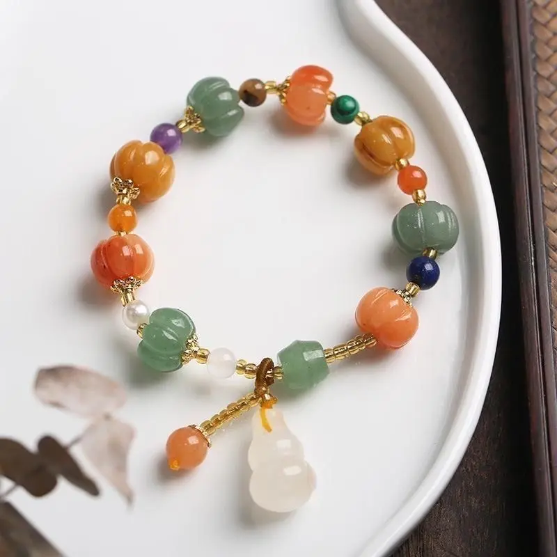 

Natural Xinjiang Golden Jade Pumpkin Beads Beaded Bracelet for Men and Women_new Chinese Zen High Sense Gourd Lovers Hand Rope