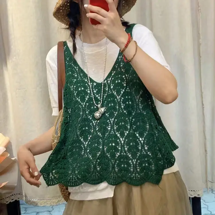 

2024 new style Vest Vintage Hollow Out Crochet Summer Beach Cover Up Top Asymmetric v-neck Cotton Lace Waistcoat Knitted D278