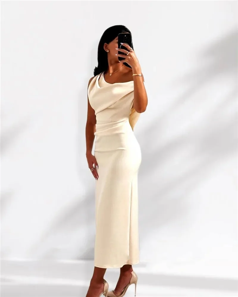 

OTHRAY Simple Ivory Saudi Arabic Women Evening Party Dresses Stretch Tea Length African Cocktail Dress Formal Prom Gowns