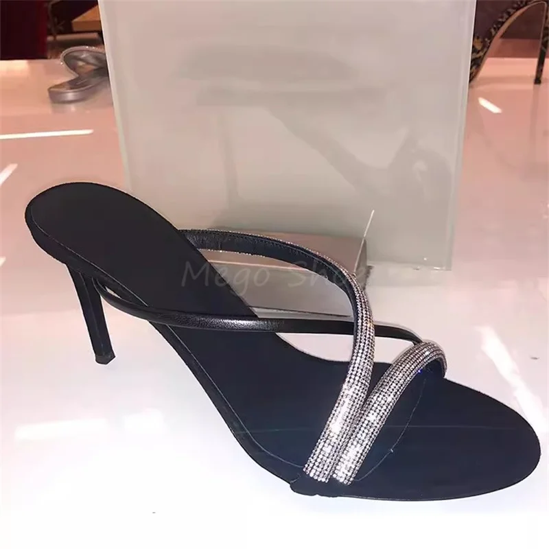 

Rhinestone Cross Thin Strap High Heel Slippers for Women Banquet Round Toe High Heels Sandals Dress Shoes 6cm 8cm 10cm High Heel