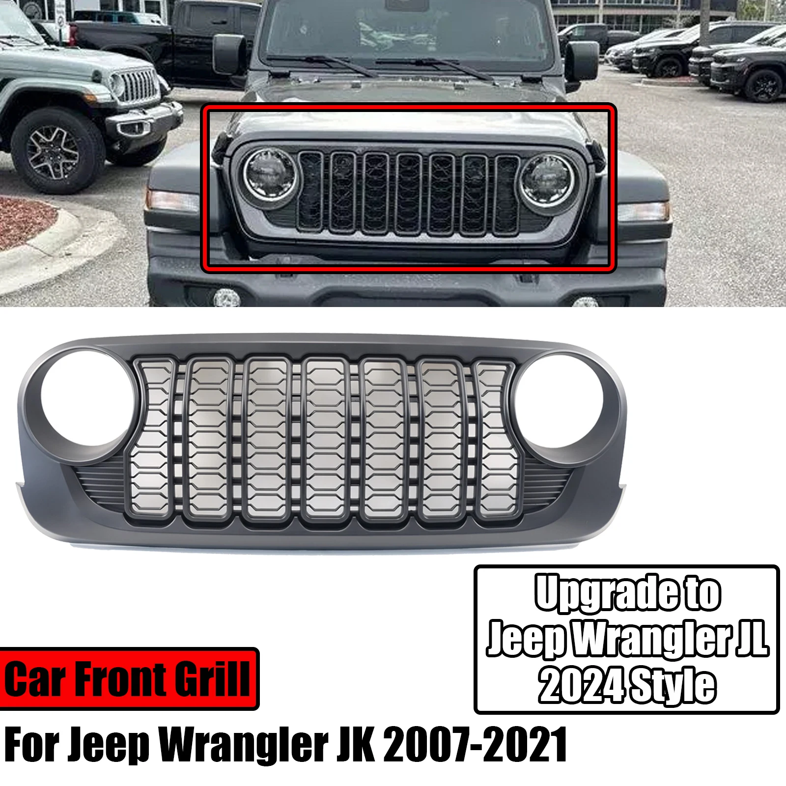 Передний бампер автомобиля решетка для Jeep Wrangler JK 2007-2017 обновление до Wrangler JL 2024 Стиль Матовый Черный ABS Замена
Передний бампер автомобиля решетка для Jeep Wrangler JK 2007-2017 обновление до Wrangler JL 2024 Стиль Матовый Черный ABS Замена