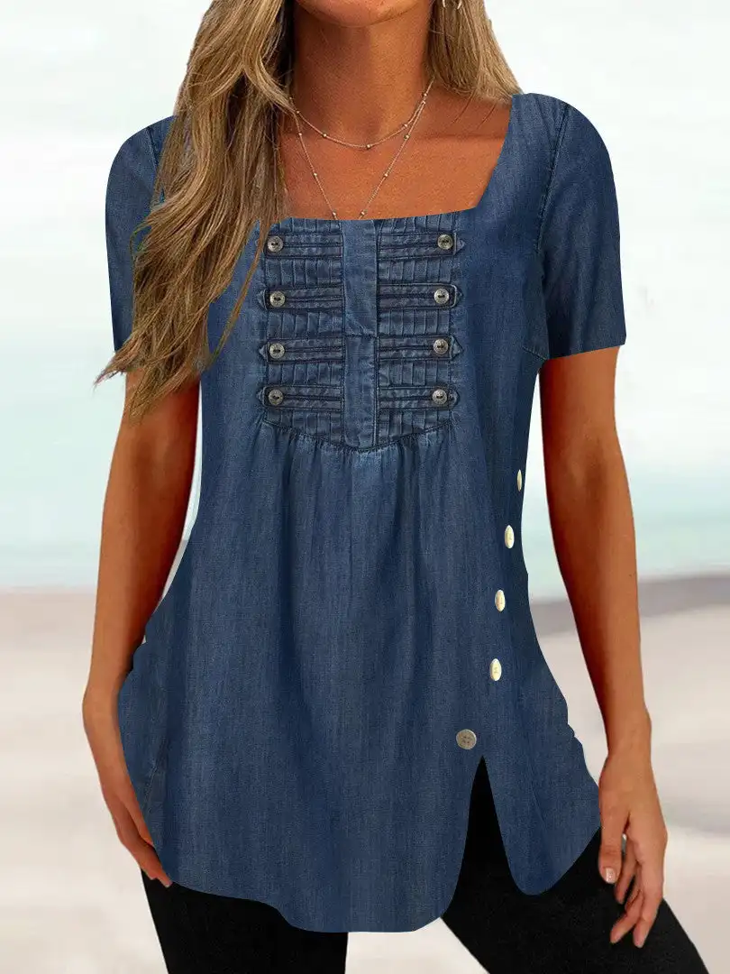 Plus Size Women's Short Sleeve U-neck Solid Button Irregular Hem Top
Plus Size Women's Short Sleeve U-neck Solid Button Irregular Hem Top