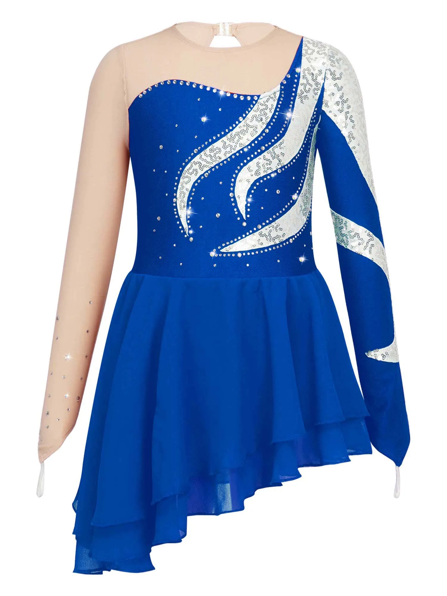 

Kids Girls Dance Dress Long Sleeve Round Neckline Shiny Sequins Decorated Patchwork Style Hollow Back Dancewear Sportwear