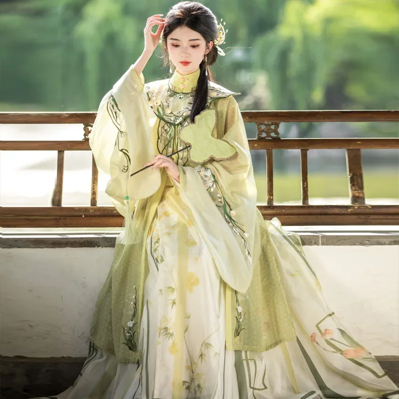 

Summer Vertical Collar Front Skirt Women's Horse Skirt Cloud Shoulder Ming System Green Hanfu Female Chinese Style Fairy Skirt