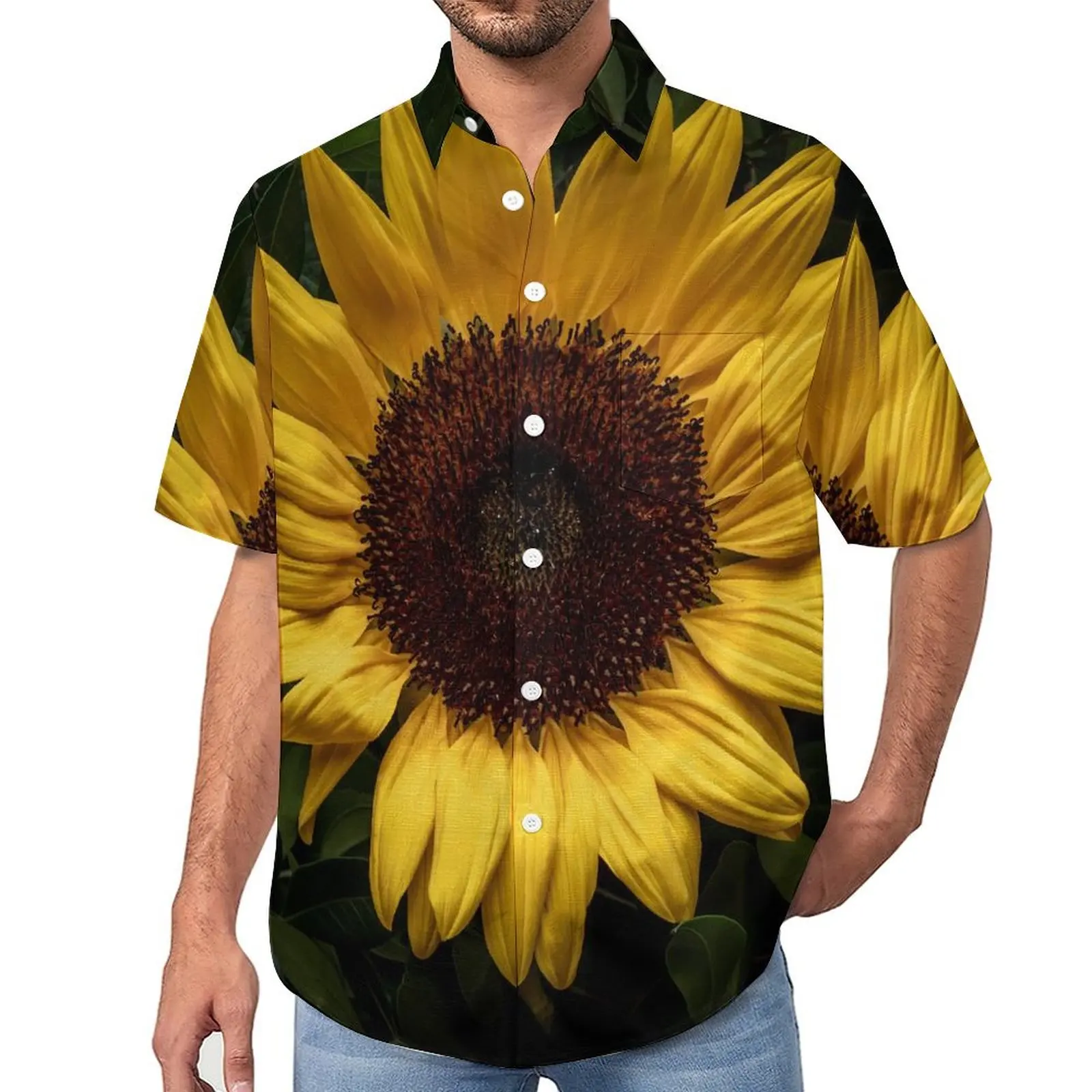 

Yellow Sunflower Print Casual Shirts Green Leaves Beach Shirt Hawaiian Cool Blouses Men Custom Plus Size