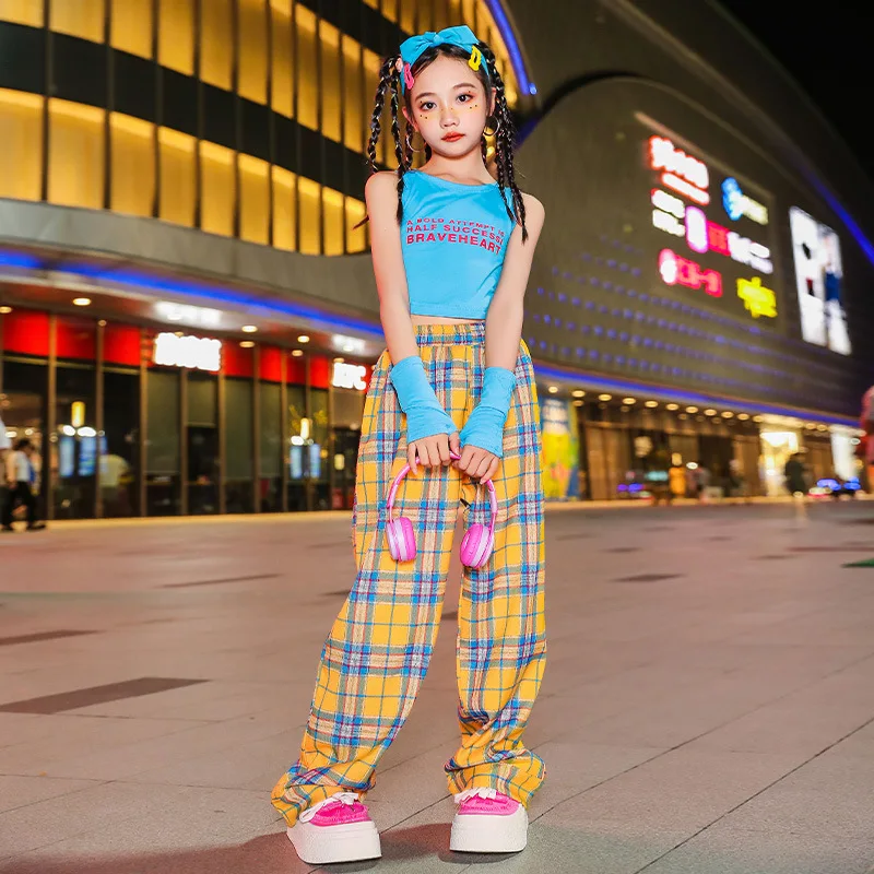 

Girls Hip Hop Jazz Clothes Sets Sleeveless Letter Crop Top + Loose Plaid Pants Kids Children Catwalk Street Dance Costumes