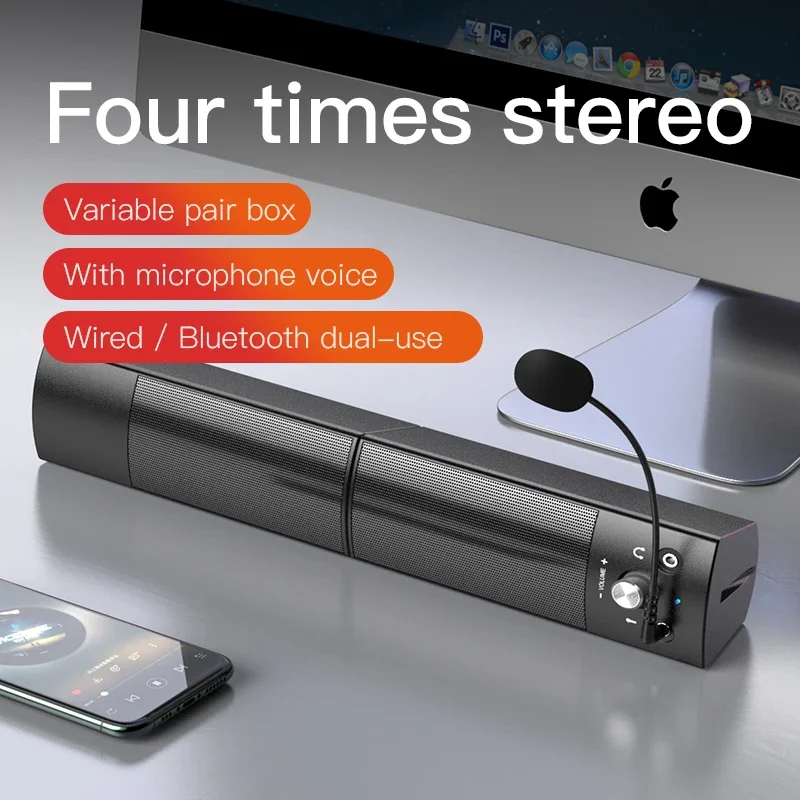 Altavoces de ordenador con Bluetooth desmontable, barra de altavoz con sonido envolvente, Subwoofer para ordenador, PC, portátil, reproductor de música Dual con cable USB Altavoces de ordenador con Bluetooth desmontable, barra de altavoz con sonido envolvente, Subwoofer para ordenador, PC, portátil, reproductor de música Dual con cable USB