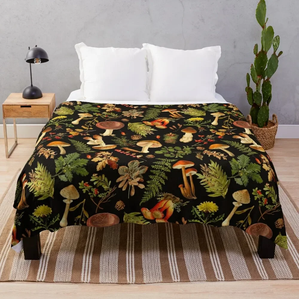 

Vintage toxic mushrooms forest pattern on black Throw Blanket Luxury Brand Soft Plaid warm winter sofa bed Blankets