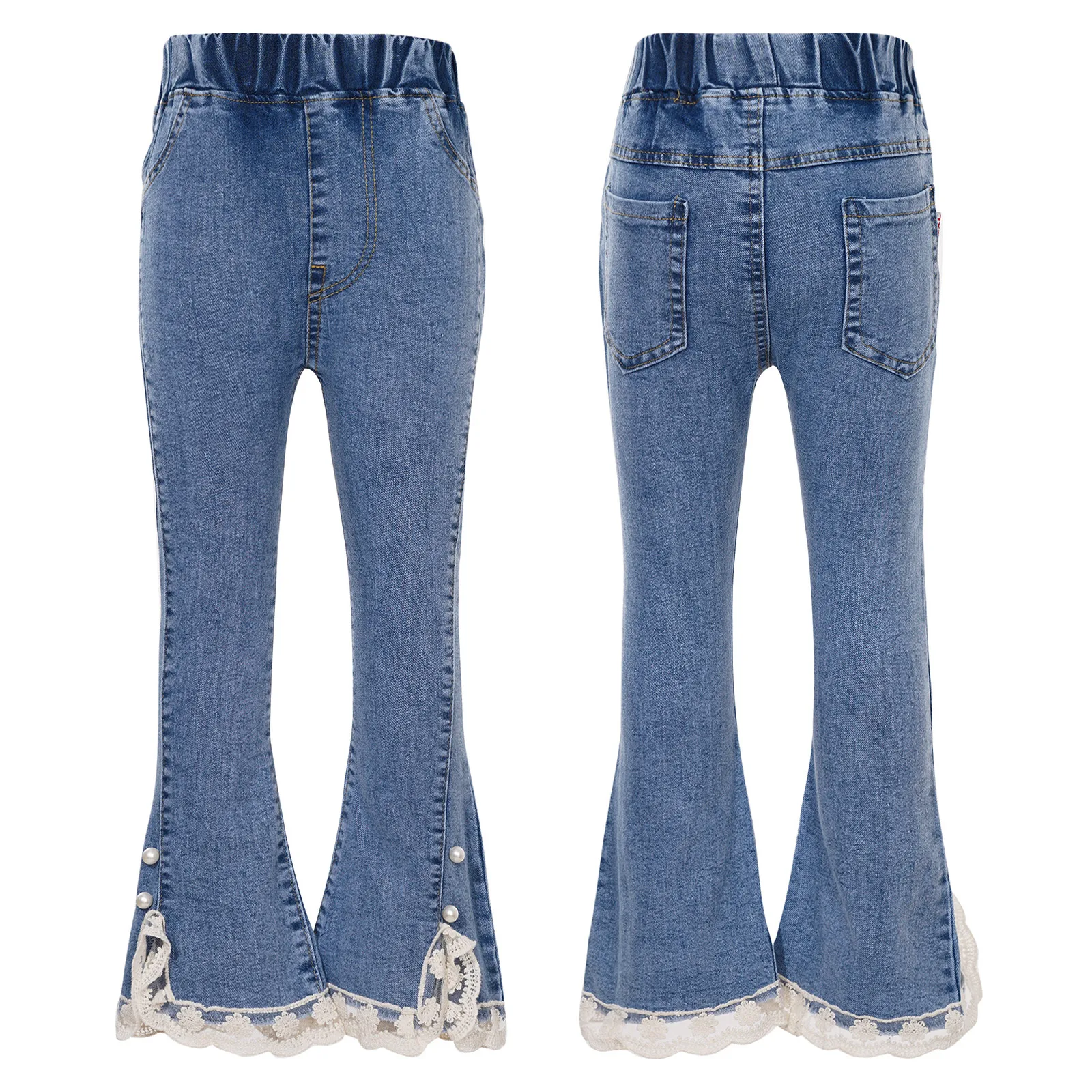 

Kids Girls Flared Jeans Pants Spring Autumn Slit Lace Hem Elastic Waistband Bell-Bottom Denim Pants Children Casual Clothes
