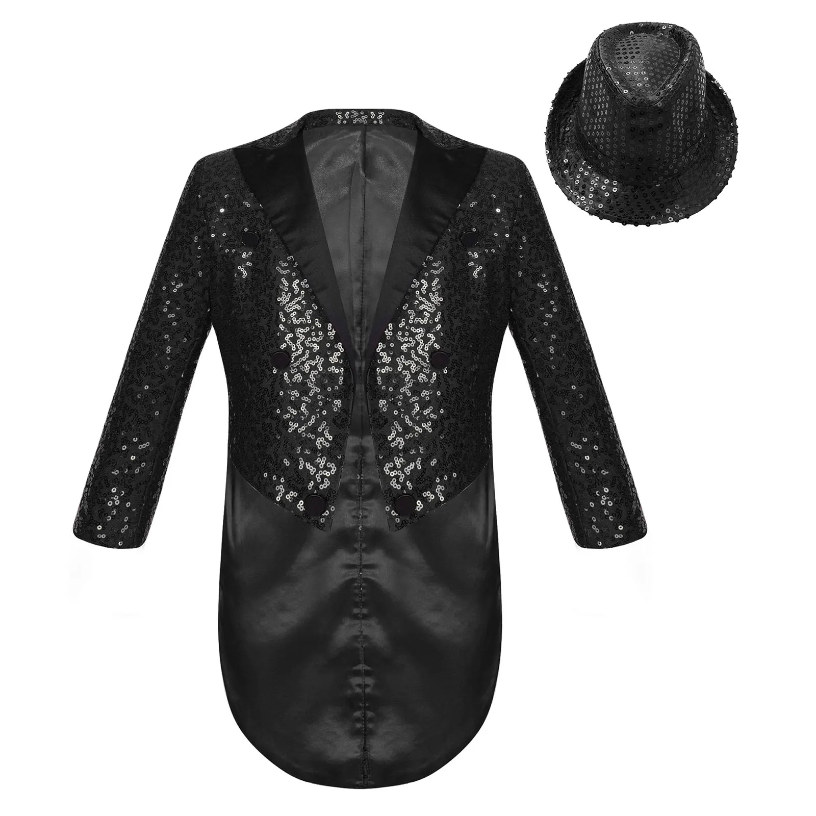 

Kids Boys Magic Show Sequins Tailcoat Costume Jazz Dance Performance Satin Lapel Long Sleeve Blazer Jacket with Sequined Hat Set