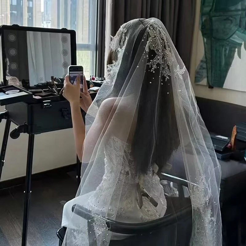 

V341 Exquisite Wedding Bridal White Cathedral Veil One-Layer Tulle Lace Appliqued Pearls Beading Long Train Women Veil Headdress