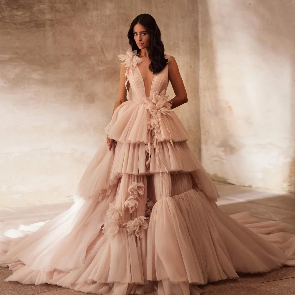 

Dreamlike Blush Pink 3D Flower Tutu Tulle Bridal Dresses Deep V-neck Layered Tulle A-line Long Women Maxi Gowns