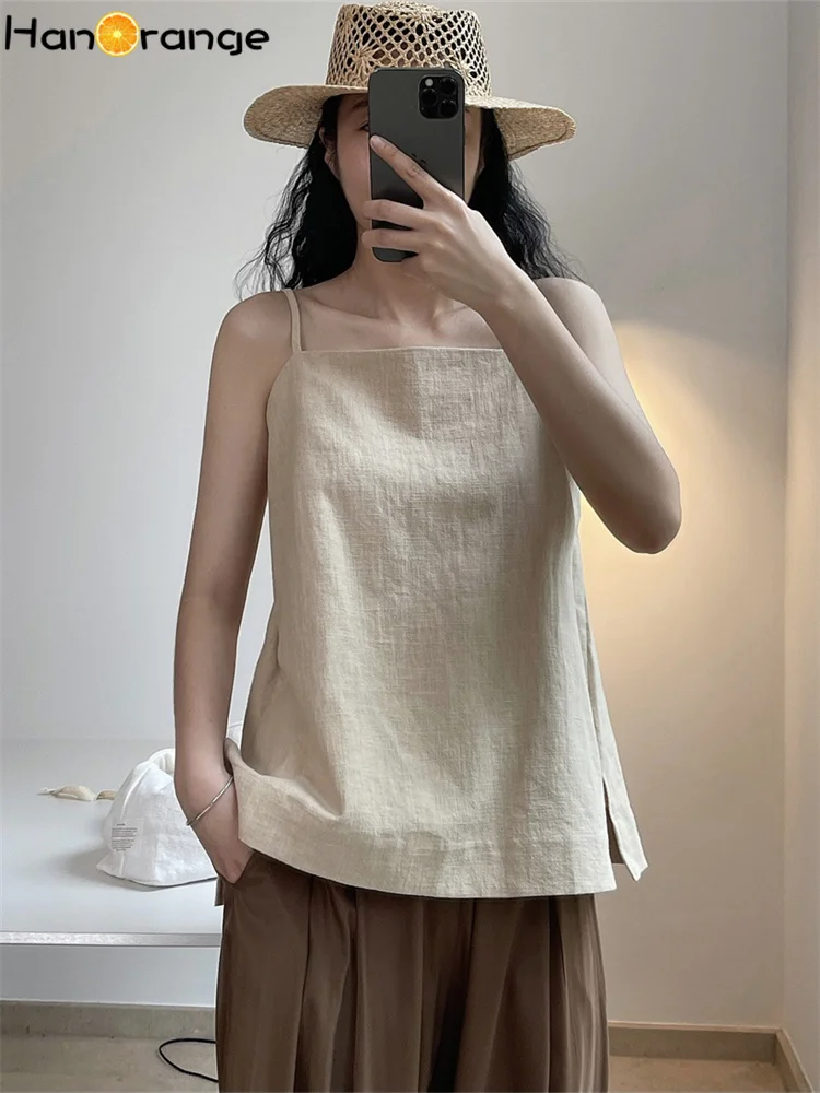 

HanOrange 2024 Summer Linen Camis Women Cool Loose Thin Slash Neck Camisole Casual Sleeveless Top Female Black/Beige