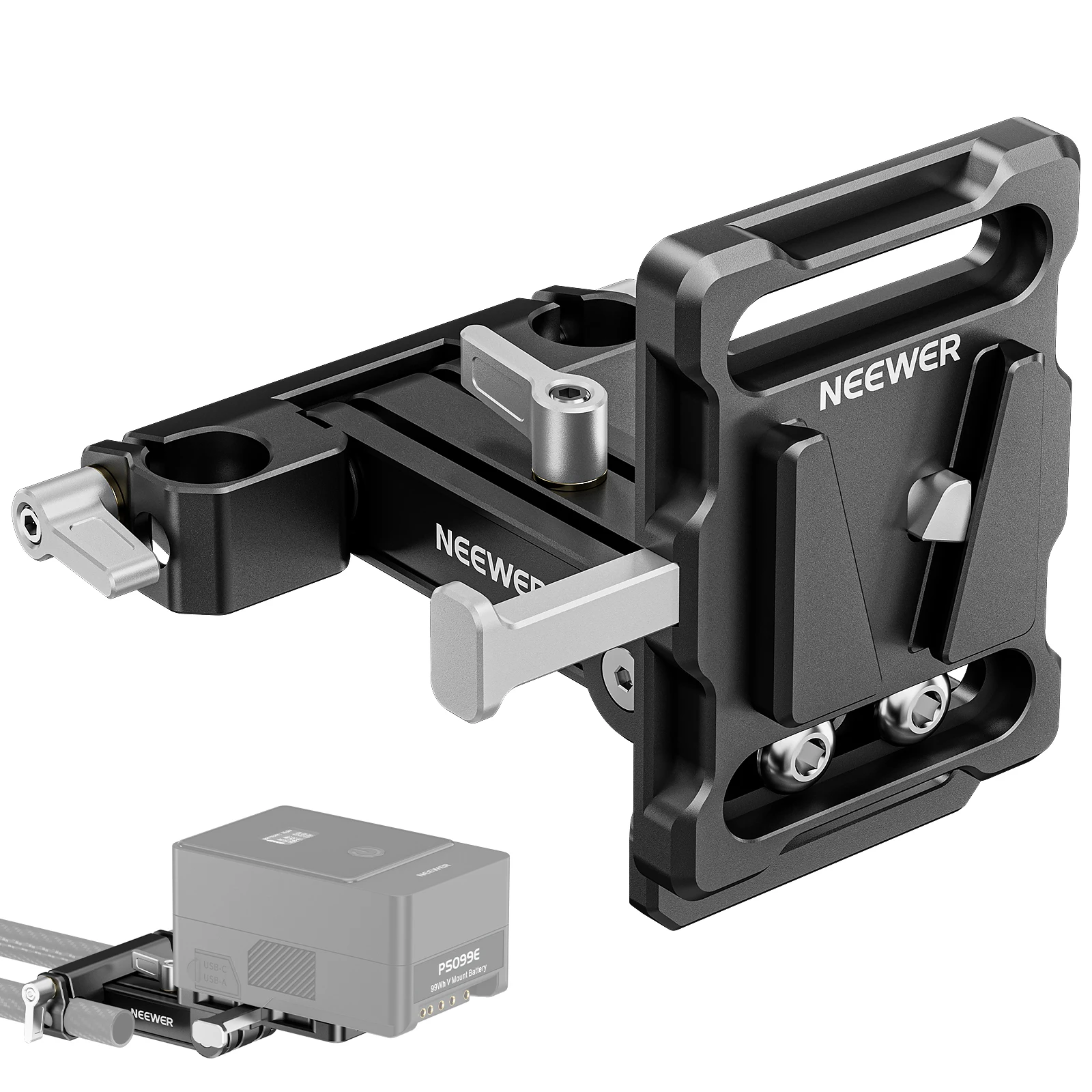

NEEWER Mini V Mount Battery Plate with 15mm LWS Rod Clamps, 180° Tilt Foldable L Shaped V Lock Battery Plate with Quick Release