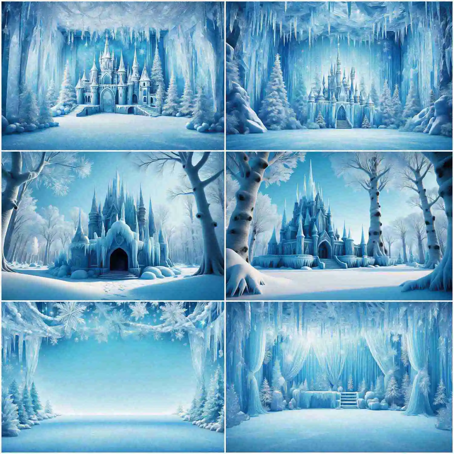 

MOON.QG Frozen Birthday Party Backdrop for Photography Blue Castle Princess Snow Forest Background Baby Shooting Photozone Props