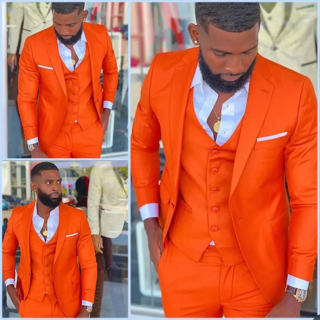 

Bright Orange Notch Lapel Men Suits Costume Homme Wedding Dress Tuxedos Terno Masculino Slim Fit Groom Prom Party Blazer 3 Pcs