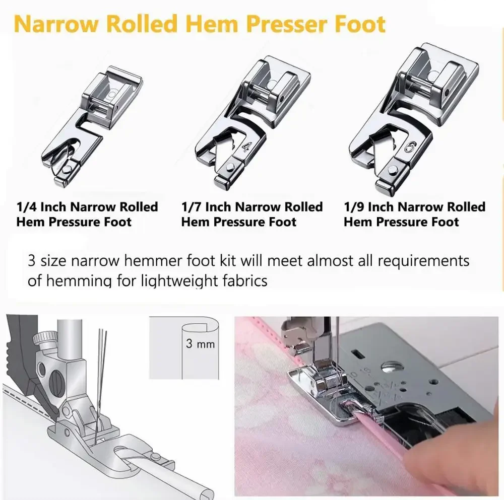 

3PCS Narrow Rolled Hem Sewing Machine Presser Foot Set Household sewing Accessories 3mm, 4mm and 6mm sewing tools 7YJ333
