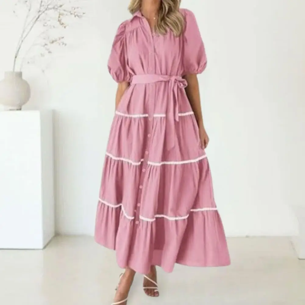 

Short Sleeve Lace Dress Elegant Women's Summer Maxi Dress with Puffy Sleeves Tiered Ruffles Single Breasted Belt for A Flowy