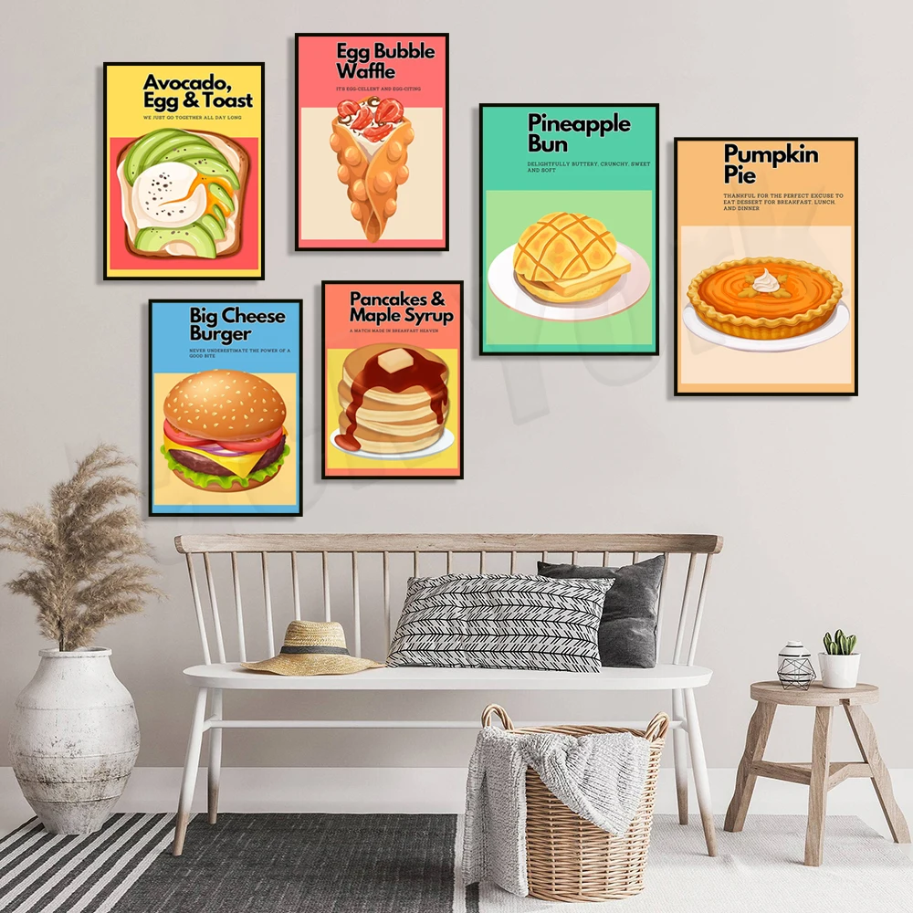 Healthy avocado eggs and toast, big cheeseburger, pineapple buns, pumpkin pie, strawberries and cream waffles, kitchen poster
Healthy avocado eggs and toast, big cheeseburger, pineapple buns, pumpkin pie, strawberries and cream waffles, kitchen poster