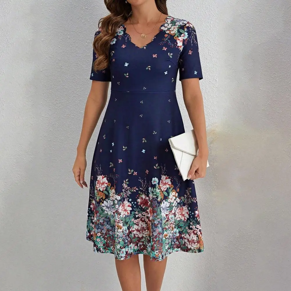 

Summer Commute Dress Floral Print A-line Midi Dress with Short Sleeves V Neck for Summer Parties Shopping Printed Dress