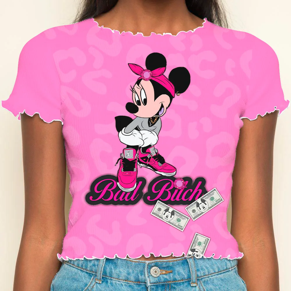

Summer Clothes Women 2024 T-shirt Lettuce Trim Woman Clothing Disney Minnie Mouse Crop Tops Sexys T-shirts Y2k Short Sleeve Top