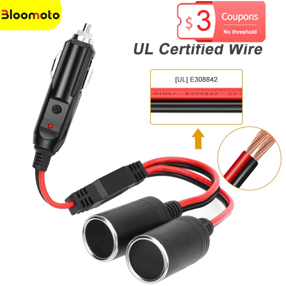 

Bloomoto 1 to 2 Car Cigarette Lighter Splitter Adapter Power Charger Port 16AWG 12/24V Plug Socket 2-Way Splitter with 15A Fuse