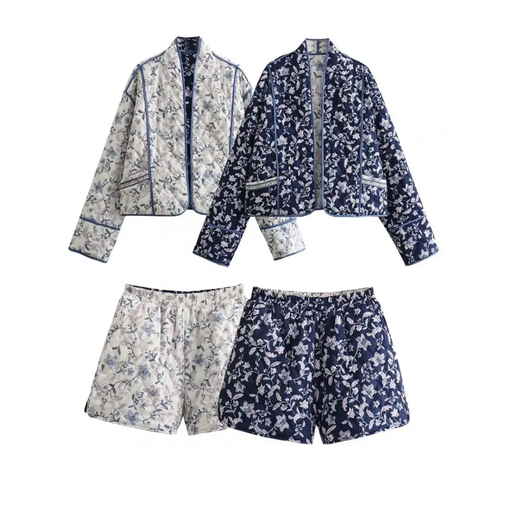 

Women Double Sided Printed Cotton Suit V Neck Long Sleeve Floral Print Jacket Soft Elastic Waist Lounge Shorts Bottoms