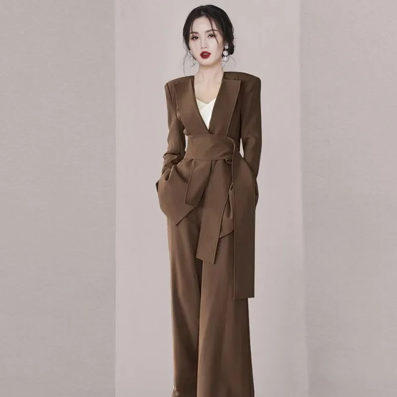 

Insozkdg Autumn V-neck Belt Blazers Jacket Wide-leg Pants Suit Commuter British Wind Waist Suit Trousers Two-piece Suit Outfits