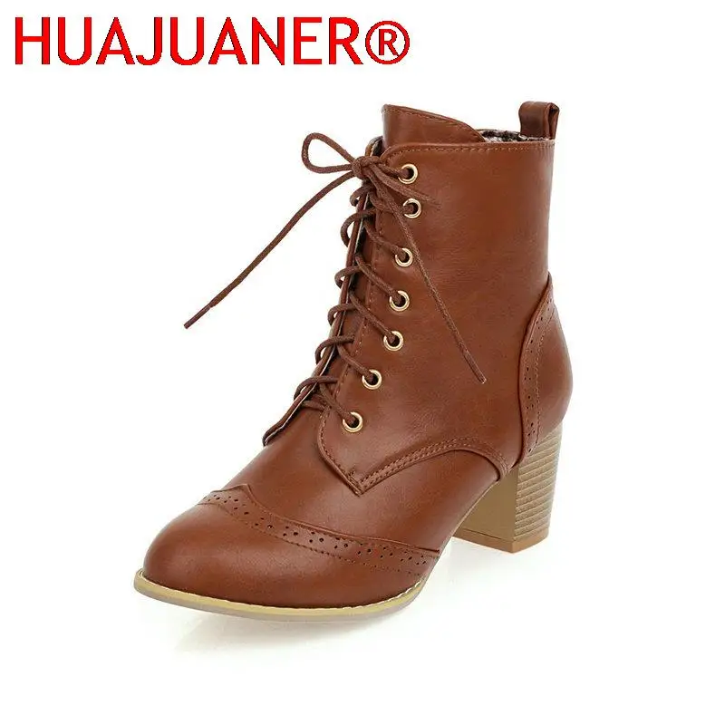 

2023 Fashion Brogue Carved Brown Balck White Lace Up High Heel Combat Biker Ankle Boots for Women Booties Woman Shoes 43