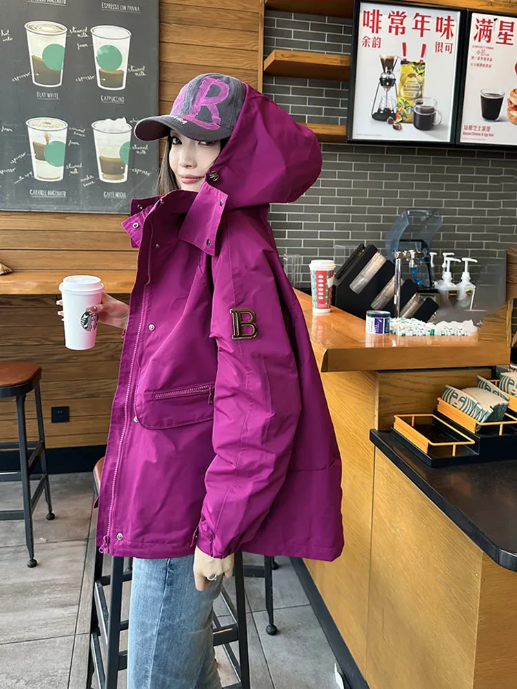 

Autumn Women Jacket Hooded Windbreaker Outdoor Coats Pockets Long Sleeve Zipper Korean Fashion Casual Loose Outerwear