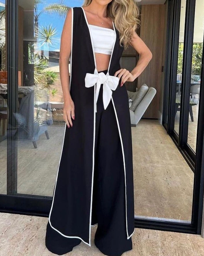 

Two Piece Set Women Outfit 2024 Summer Tied Detail Contrast Binding Open Front Longline Coat & Casual Pocket Wide Leg Pants Set