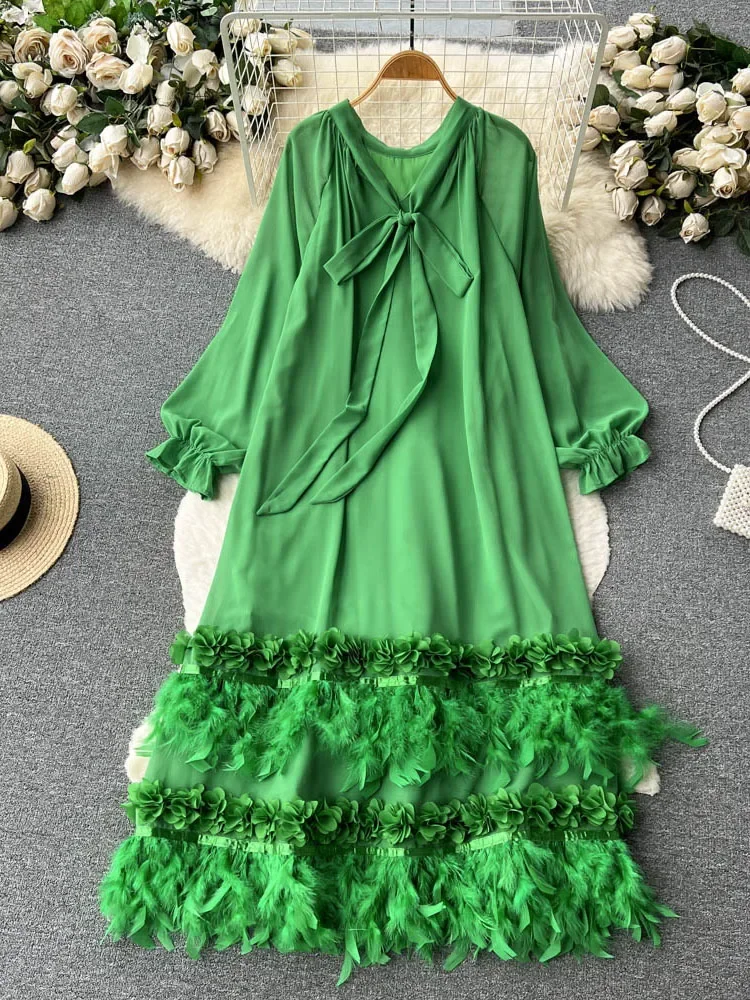 

Women Spring Vestidos French Temperament Haute Couture Niche Design Loose Slim Feather Tassels Chic Long Sleeved Dress D5246