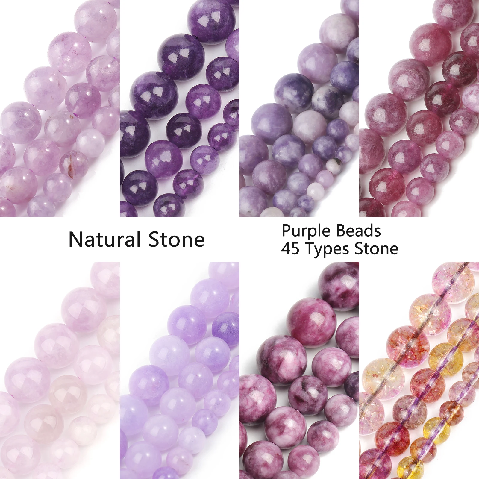 

4/6/8/10mm Purple Natural Stone Beads Amethyst Jade Kunzite Mica Round Loose Beads For Jewelry Making Diy Charms Bracelets 15''