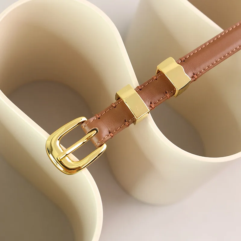 

2.0cm Wide The First Layer Of Cowhide Vintage Horseshoe Golden Buckle Thin Waist Belt For Women Fashion Accessory