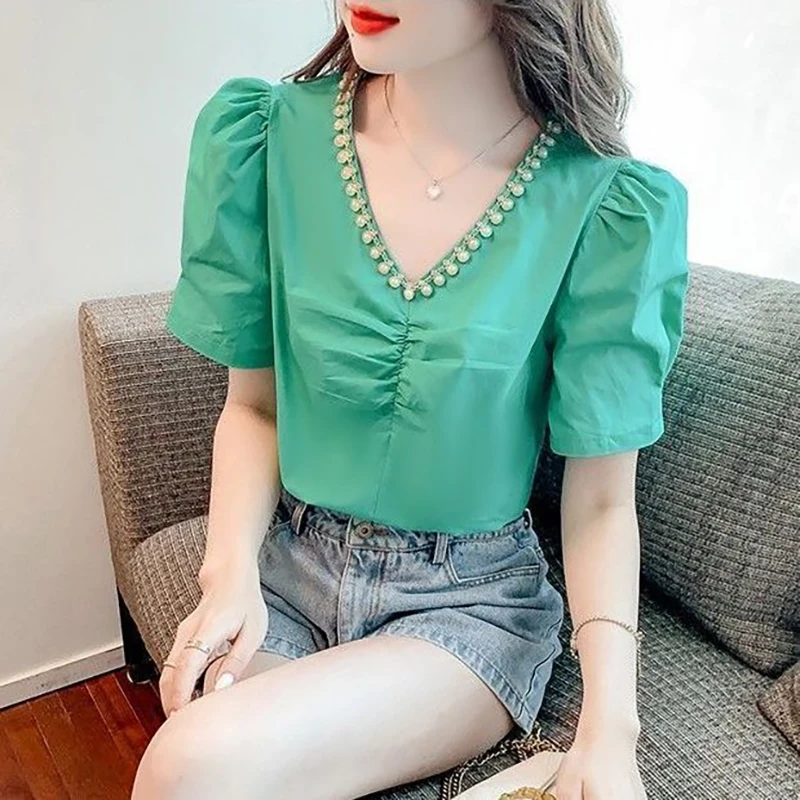 

Fashion V-Neck Folds Beading Puff Sleeve T-Shirt Women's Clothing 2024 Summer New Loose Korean Tops Office Lady Tee Shirt