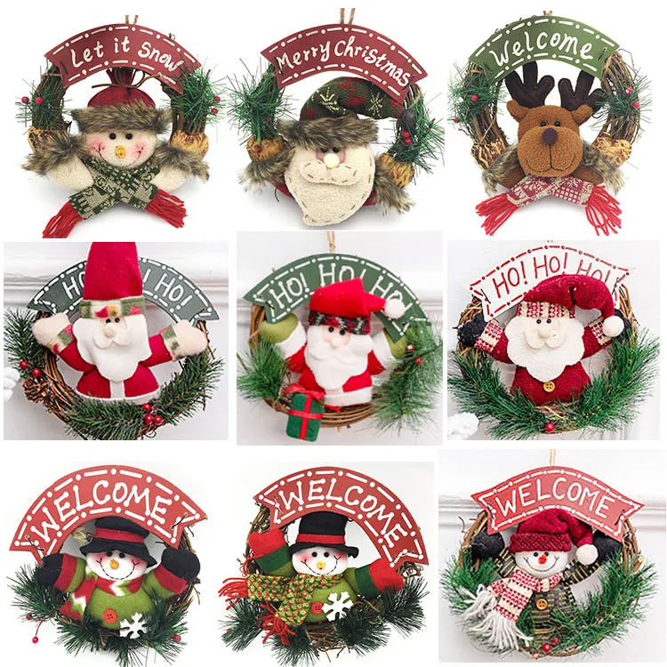 

Wooden Christmas Wreath Santa Claus Rattan Circle Christmas Decorations Snowman Elk Doll Wreath Door Hanging Christmas Ornaments