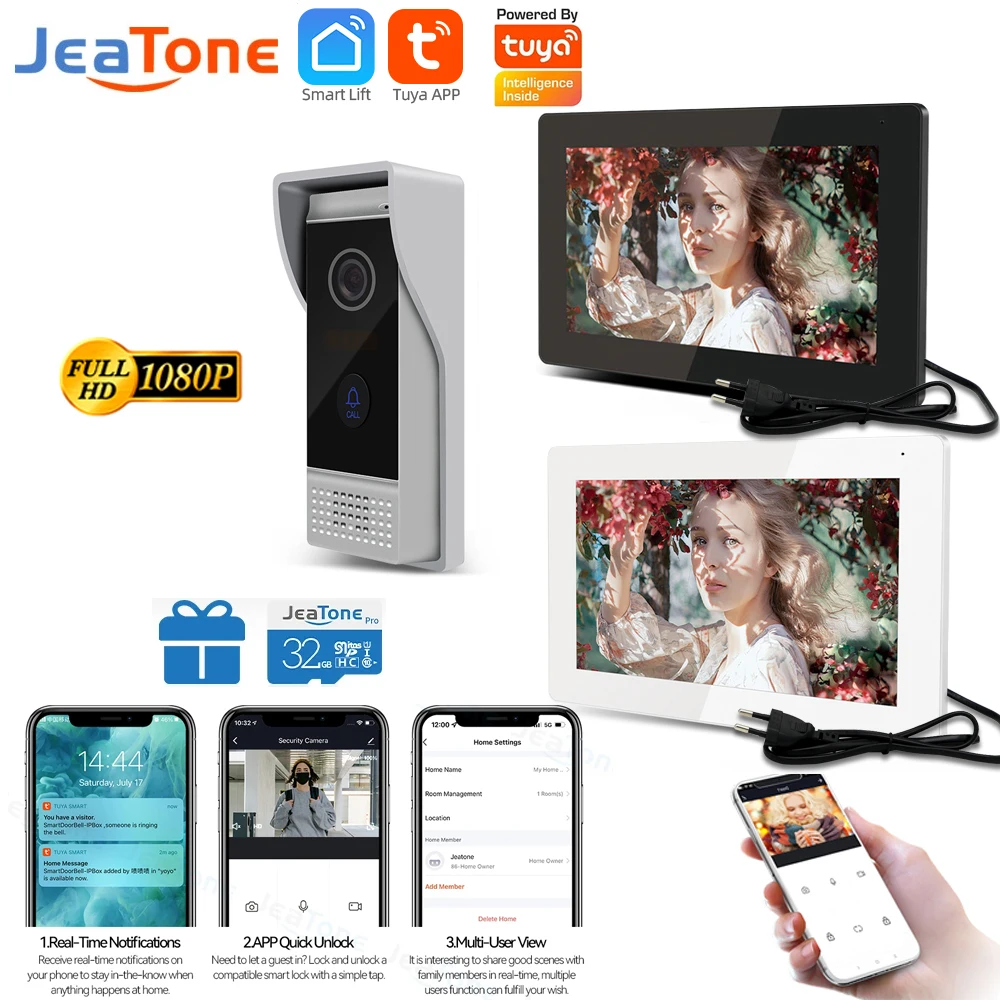 

【Tuya 1080P】Jeatone 7Inch Full Touch Screen WiFI Smart Home Video Intercome Villa Video Doorphone Motion Detection Doorbell