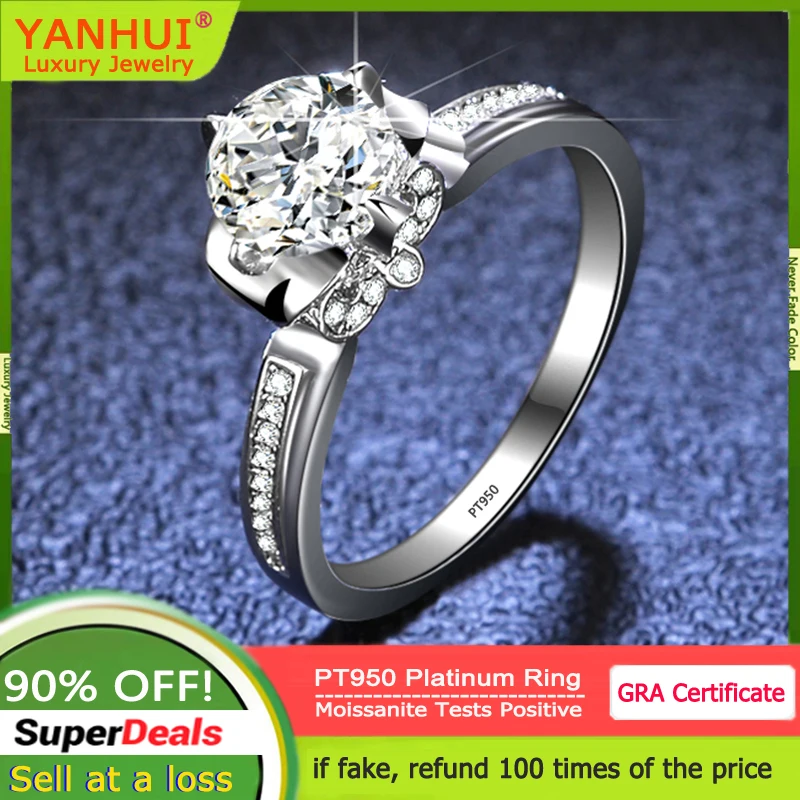 

YANHUI Luxury Coronal Crown Design PT950 Platinum Ring Round 1 Carat Moissanite Diamond Rings for Women Bride Wedding Jewelry