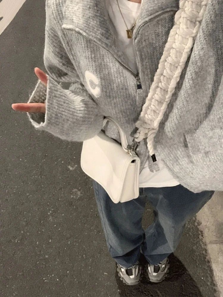 

2023 Tender Grunge Letter Sweet Coats Y2k Aesthetic Double Zipper Pockets Solid Cardigans Vintage Gray Women All Match Sweaters