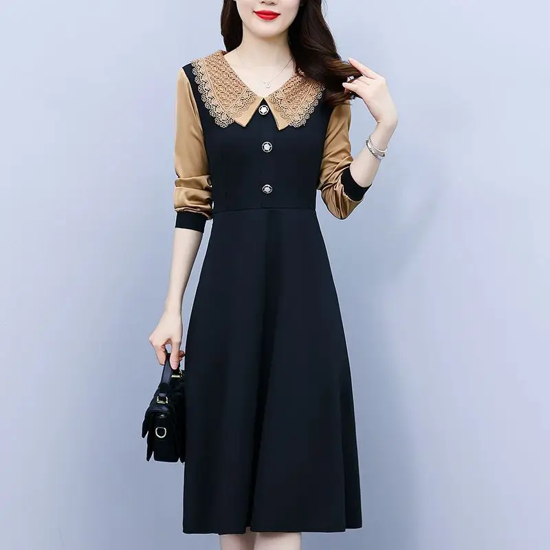 

Commute Lace Peter Pan Collar Midi Dress Spring Autumn Long Sleeve Spliced Female Clothing Button Elegant A-Line Waist Dresses