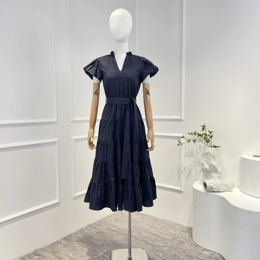 

2023 New Fashion Women High Quality Cotton Navy Blue Short Lantern Sleeve Vneck Patchwork Waist Lace Up Vintage Loose Midi Dress