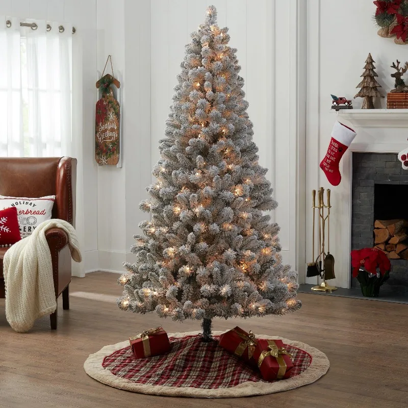 

6,5 футов предварительно зажженная флокированная сосна Frisco, искусственная рождественская елка, 250 прозрачные огни, зеленая, по праздничному времени