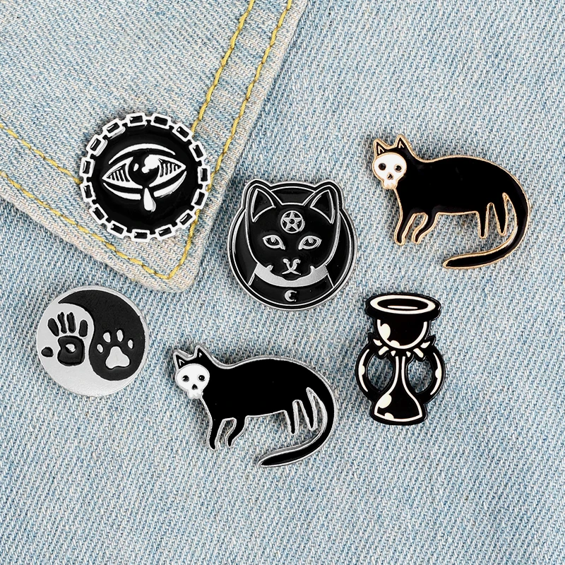

Witch and Cats Enamel Pins Hourglass Cat Paw Tear Eye Badges Custom Brooches Bag Clothes Lapel Pin Punk Black Witchcraft Jewelry