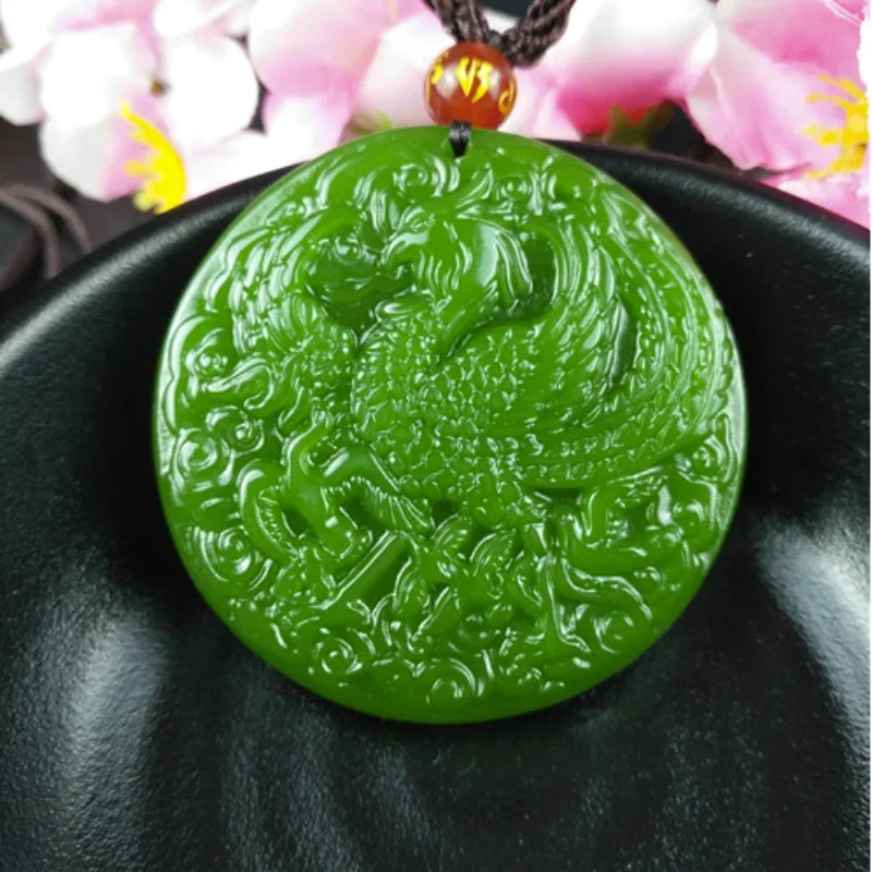 

Natural Green Jade Phoenix Carved Pendant Necklace Charm Jewellery Fashion Lucky Amulet Gifts for Women Man Sweater Chain