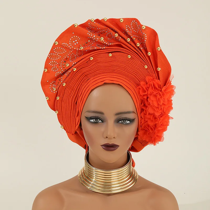 

Beads Flower Turban Cap Headwrap Women Headband Auto Gele Headtie Already Made African Nigeria Bonnet Hat Hijab Wedding Headgear